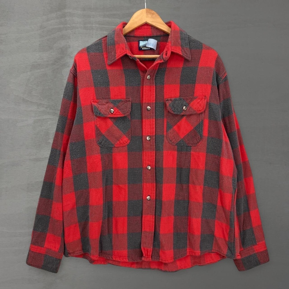 Vintage Fieldmaster Flannel Shirt Red Gray Buffalo Plaid Cotton Made in USA XL
